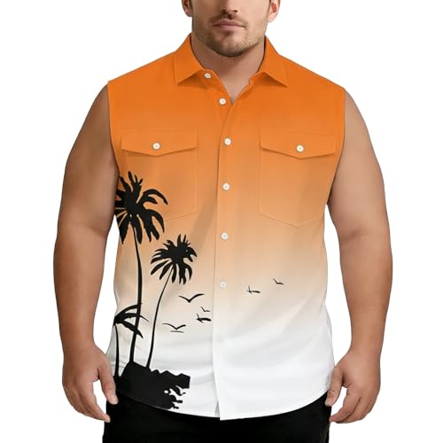 Camisa Playera Informal de Verano sin Mangas con diseño Degradado y Botones para Hombre Ligera y con Bolsillos en el Pecho Ideal para Temporadas cálidas (Orange, XXXXL) c20