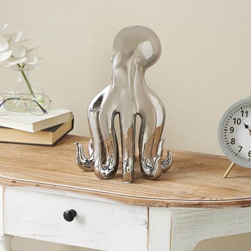 Image of Deco 79 Ceramic Octopus Decorative Sculpture Tall Standing Home Decor Statue, Accent Figurine 8 inch x 9 inch x 12 inch, Silver