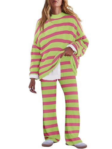 Image of LAMISSCHE Oversized Womens Lounge Set Striped Sweater Set Long Sleeve 2 Piece Pajama Set Top and Pants with Pockets