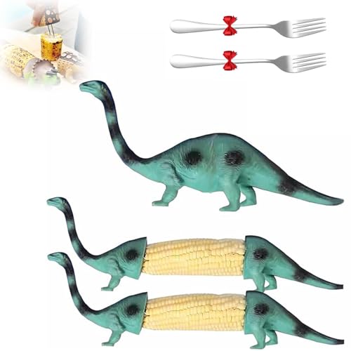 Porta Pannocchie a Forma Di Dinosauro, Spiedini for Pannocchie, Manici Riutilizzabili a Forma Di Dinosauro Con Punte in Acciaio Inox for Barbecue, Feste E Pasti in Famiglia Facili Da Pulire(Green-2PCS