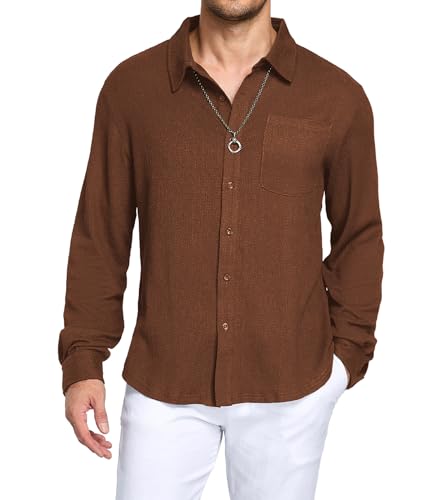 YTD Men's Linen Shirts Casual Button Down Long Sleeve Shirt Solid Spread Collar Shirts with Pocket