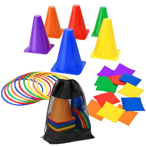 A2Z 4 Kids Sports Activity Set 6 Traffic Cones, 10 Toss Rings 12 Bean Bags & Mesh Bag PE Equipment for Kids Ring Toss Set Obstacle Course Girls Boys Outdoor Games Garden & School Playground Toys