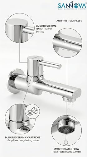 Image of Sanova Prime Heavy Duty Longbody Cock | Brass Cartridge | Steel Body | Heavy Handle | Chrome Finish | Wall Mounted Kitchen Sink Faucet