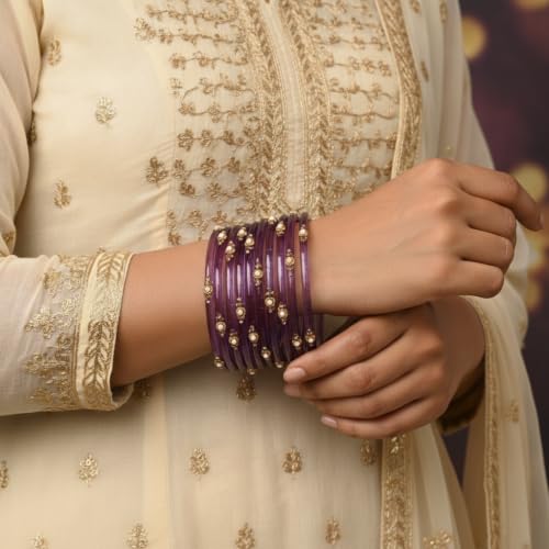 Image of SUNDRAM Women's Premium Fancy Glass Bangles for Women & Girls |with Zircon Gemstone Work & Charm| Traditional Ethnic Bangles Set of 12