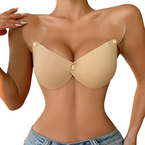 Obtén apoyo y apoyo con nuestro sujetador push up de silicona con tirantes transparentes y cierre frontal sin costuras, beige, S