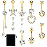 Leikedun 8 barras de ombligo de acero inoxidable quirúrgico, 14 g, diseño de corazón, para mujeres y niñas, talla única, Acero inoxidable quirúrgico, Cubic Zirconia