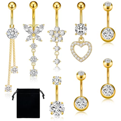 Lot de 8 Piercing Nombril en Acier Inoxydable 316L et Zircon – Inclut Pendentifs Papillon, Cœur et Fleur – Hypoallergénique pour Femmes (14G, 1.6mm) – Idéal pour Soirée & Quotidien + Poche de Velours