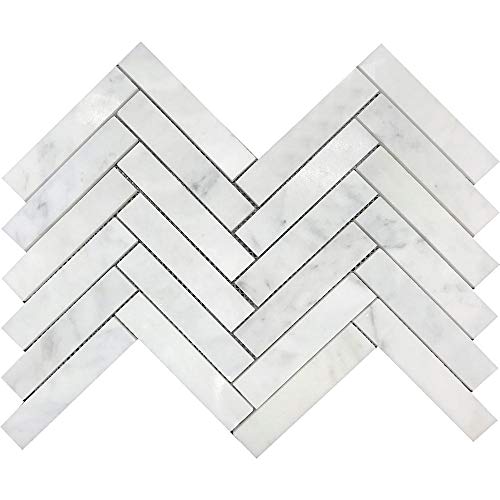 Tenedos Carrara Marble 1x6 Long Herringbone Mosaic Tile Polished –