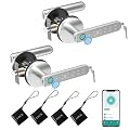 BIWIBON Fingerprint Door Lock, 5 in 1 Smart Door Knob with Smart APP/Fingerprint/IC Cards/Password/Backup Keys, Finger Print Door Knob with Keypad for Bedroom, Office, Apartment, Silver, 2 Pack