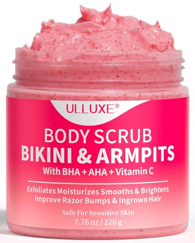 Bikini Area Exfoliator with 10% AHAs BHA & Vitamin C, Exfoliating Body Scrub for Ingrown Hair and Underarm Bumps, Dark Spots, Moisturize Brighten Soothe & Even Skin Tone, Sensitive Skin Safe, 7.76 oz