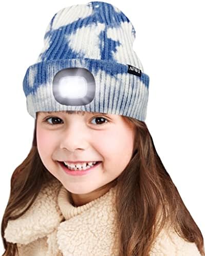 ATNKE Kids LED Lighted Beanie Cap, USB Rechargeable 4 LED Headlamp Waterproof Winter Warmer Knit Night Hats with Light for Boys Girls