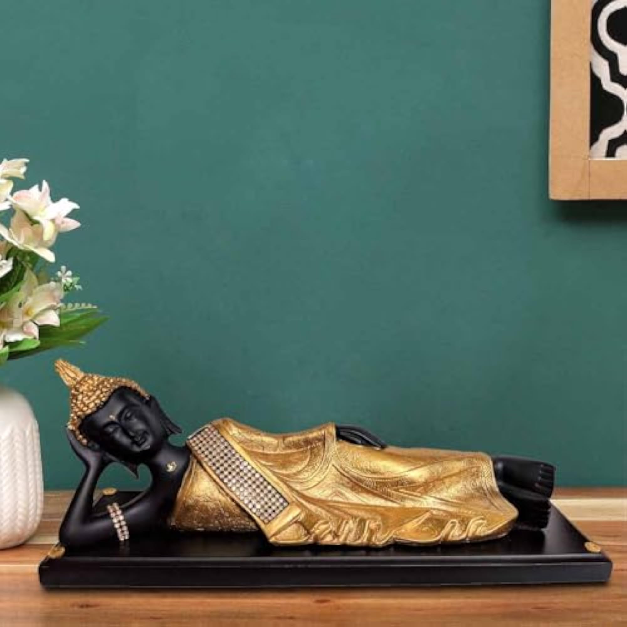 Antique Golden Sleeping Buddha on Wooden Base Showpiece