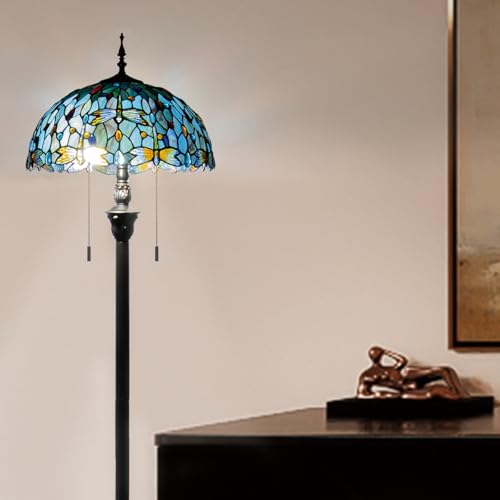 Image of Tiffany Style Floor Lamp, 16 inch Stained Glass Dragonfly Shade with Antique Bronze Base, 2-Light E26 Pull Chain Standing Reading Light for Living Room, Bedroom, UL Listed, 16x16x64 Inches