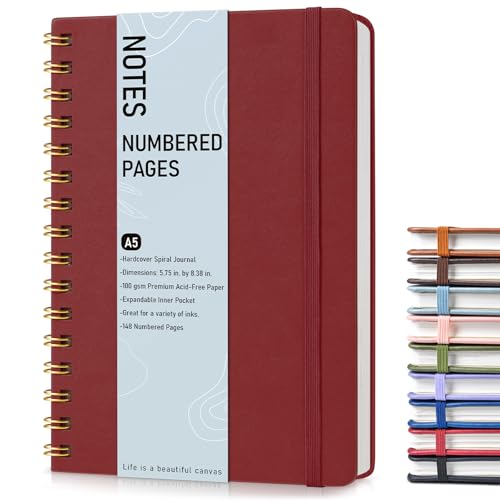 Lined Spiral Journal Notebook, A5 Hardcover Spiral Journals for Women Men, 150 Numbered Pages Spiral Bound Notebook, 100 GSM College Ruled Notebooks for Writing Note Taking 5.75" x 8.38", Wine Red
