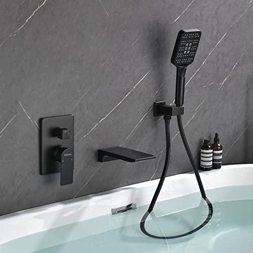 Wall Mount Waterfall Bathtub Faucets With Sprayer Tub Filler Faucet Tub Shower Faucet Set With Rough-In Valve Trim Kit Matte Black #TOP1