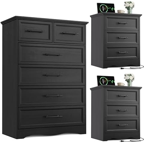 Harpaq Bedroom Set, 3 Pieces Bedroom Furniture Set, Wood 6 Drawer Dresser and 3 Drawers Nightstands with Charging Station, Farmhouse Storage Organizer Cabinet for Bedroom, Black Cover