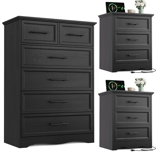Image of Bedroom Set, 3 Pieces Bedroom Furniture Set, 6 Drawer Dresser and 3 Drawers Nightstand with Charging Station, Farmhouse Storage Organizer Cabinet for Bedroom, Black