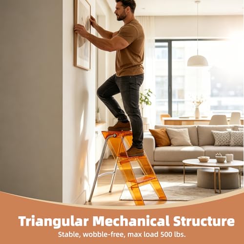 Image of Acrylic 3 Step Ladder, Beautiful & Stable Folding Step Stool (Orange)