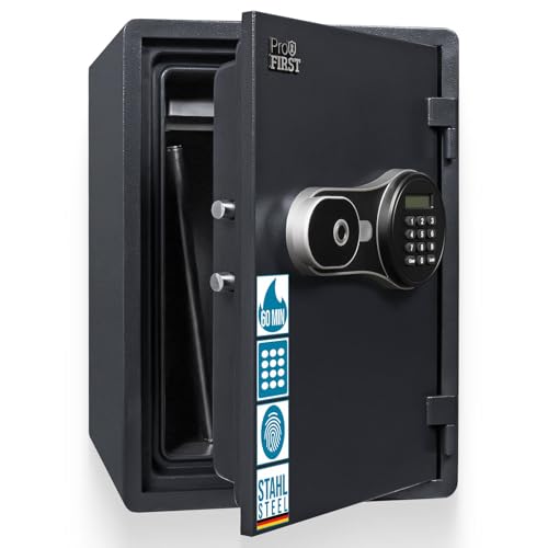 Profirst FireGuard 40 Feuerschutztresor Stahl 60 minütiger Feuerschutz Schwarz Elektronikschloss Fingerprint Notöffnung möglich Kunststofflade inkl. Befestigungsmaterial