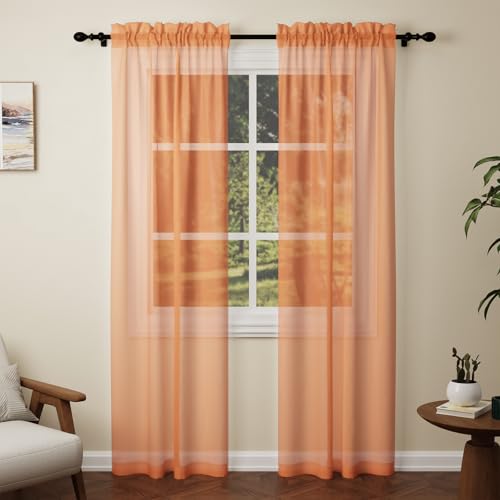 Pacok Rideaux Voilage Orange, Chute 90 Lot de 2 Panneaux Rideau Filet pour Fenêtres, Panneau de Rideau Transparent à Passe-Tringle Rideaux Voilage pour Salon...