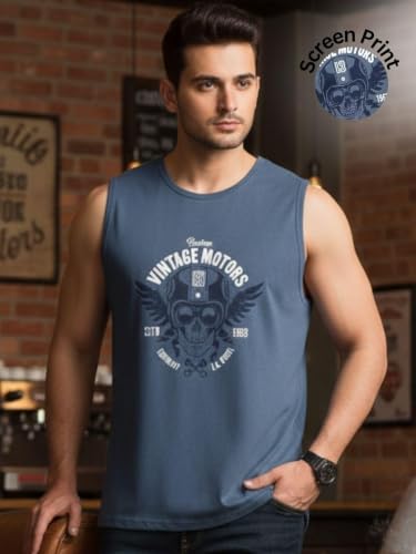 Image of Rigo Stylish Cotton Printed Vest for Men | Round Neck,Regular Fit, Sleeveless T-Shirt Vest for Men | Casual Innerwear Sando for Men & Boys - Perfect for Workouts Gym, Vacations, and Beaches