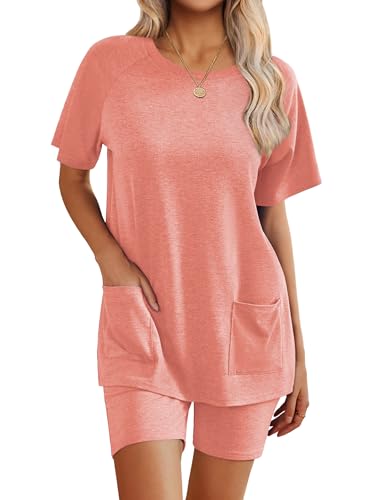 Image of Ekouaer Two Piece Sets for Women Summer Outfits 2026 Lounge Set Crew Neck Tshirts Biker Short Sweatsuit with Pocket