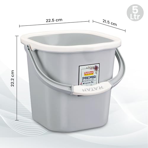 Image of RATAN PLASTICWARE Premia Bathroom Set (Bucket 5L X 1) + (Bucket 25L X 1) + (Mug 1.5L X 1) + (Small Stool X 1) - Diaso Grey|Easy to Carry | Perfect for Use in Bathrooms, Kitchen & Wet Utility Areas