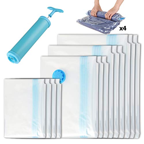VACSTO Vacuum Storage Bags with Hand Pump, 13 Pack (3 Jumbo, 3 Large, 3 Medium, 4 Roll Up) Reusable Space Saver Sealer Compression Bags for Clothes, Mattress, Blanket, Duvets, Pillows, Quilt, Travel
