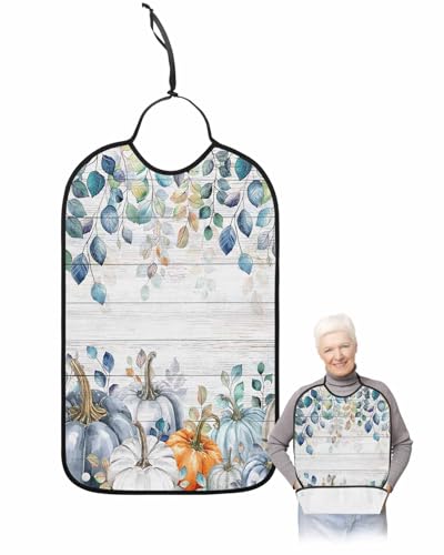 LEOKOTI Blue Fall Adult Bibs for Eating, Waterproof Bibs with Food Catcher & Adjustable Snap Closure, Thanksgiving Pumpkins Maple Leaf Vintage Washable Clothing Protectors Adult Bibs for Elderly