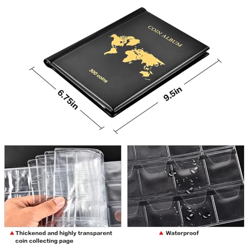 Coin Collection Book Holder Album for Collectors, 300 Pockets Coin Collection Supplies for Different Size Coins Display Sleeves for Money Currency, Pennies, Silver Eagle & Foreign Coins(Black)