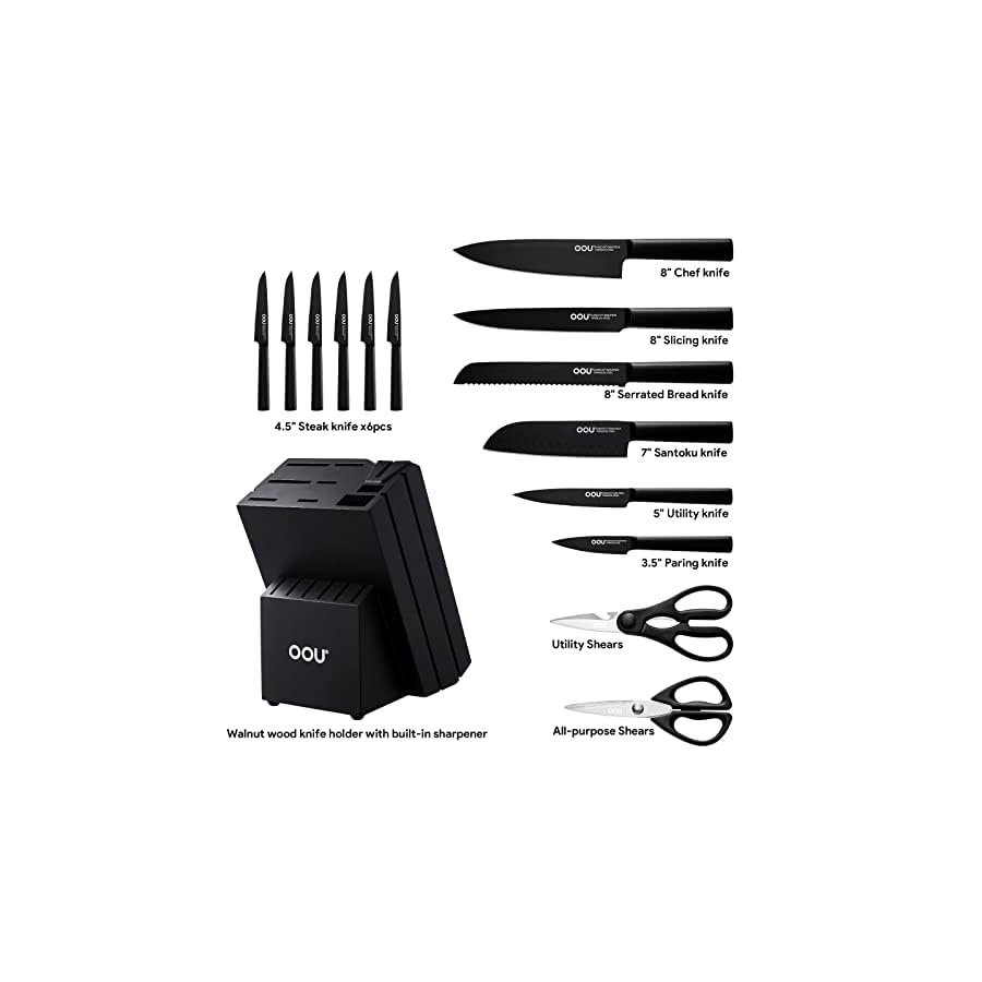OOU Kitchen Knife Block Set - 15 Pieces High Carbon Stainless Steel Knife Block Set with Built-in Sharpening Blocks, Black