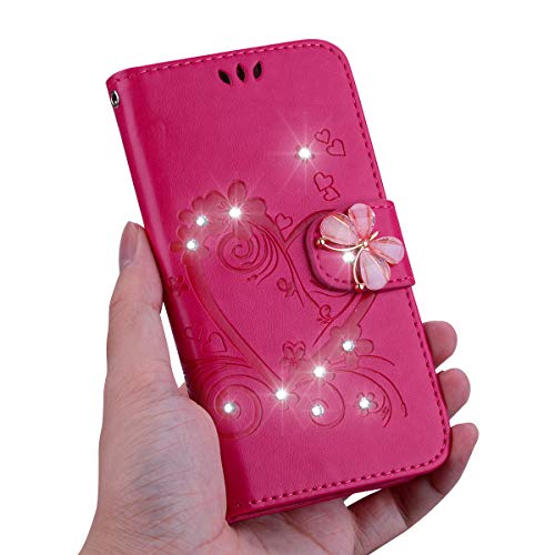 KM-Panda - Funda Tipo Cartera para Samsung Galaxy A70 (Piel sintética, Tarjetero), diseño de corazón y Mariposas, Color Rojo