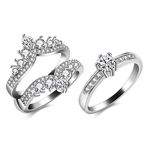 Uloveido 2 pcs Women's Round Brilliant Cubic Zirconia Ring Guard Enhancer Double Princess Crown Wedding Rings Set Y477-J048