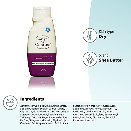 Caprina By Canus Amazing Body Wash, Shea Butter, 16.9 Oz, With Fresh Canadian Goat Milk, Gentle Soap, Moisturizing, Vitamin A, B2, B3, & More, 16.9 Fl Oz #TOP5