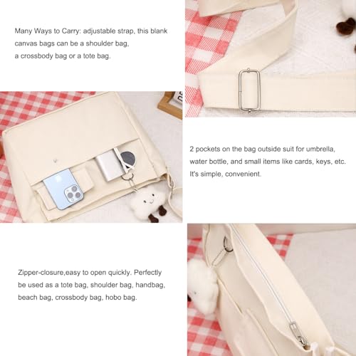 Image of Cotton Tote Handbag Women Canvas Crossbody Beach Bag Hobo Shoulder Tote Bag with 3 External Pocket,Zipper Closure
