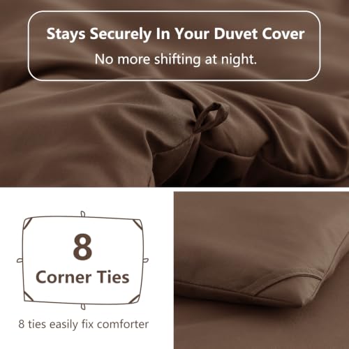Image of HIMEET King Size Comforter Set, 3 Piece 104 inchx90 inch with 2 Pillowcases, Brown | 270GSM Down Alternative Fill, Oeko-TEX Certified, 8 Corner Ties Quilted, All Season, Fluffy Bed Set, Bedroom Decor Bedding