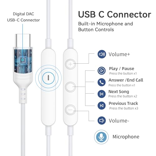 Image of USB C Headphone for Samsung S25 S24 S23 Ultra FE S22 A16 A55 A54 Wired Earbuds Magnetic in-Ear Type C Earphone with Microphone Volume Control Stereo Noise Canceling for iPhone 16 Pro Max Pixel 9 8a