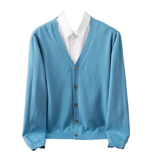 Men's Merino Wool Sweater Loose V-Neck Knitted Cardigan Sweater Lightweight Casual Long Sleeve Cardigan Lake Blue