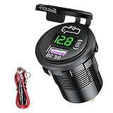  YGL Cargador de Coche USB/QC3.0+PD Impermeable,12 V/24V Toma de Cargador,con Voltímetro LED e Interruptor,para Coches,Barcos,Motos(Verde)