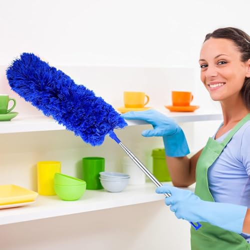Image of 2025 Launched Microfiber Feather Ceiling Duster for Dust Cleaning with extendable Pole 100 Inch with Anti Scratch Bendable Washable Duster with High Cobweb Stick for High Ceiling Fans-Navy Blue