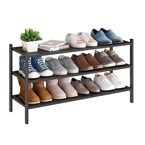 BMOSU 3-Tier Bamboo Extended Shoe Rack Premium Stackable Shoe Shelf Storage Organizer for Hallway Closet Living Room Entryway Organizer(Black)