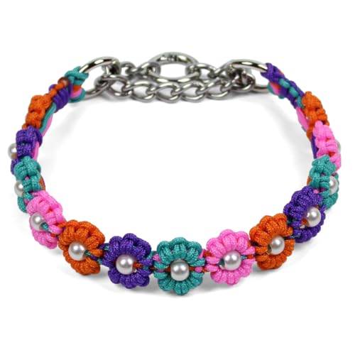 Cute Handmade Paracord Dog Collar Necklace Unique Hand-Braided Colorful Flower Design Pet Accessory for Medium Dogs Fit 12-16 Neck Size M