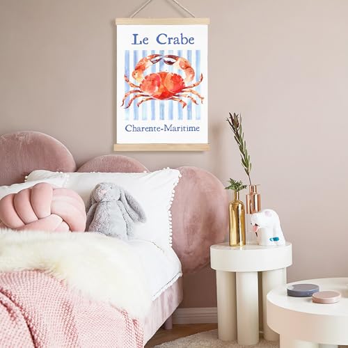 Image of PQKIY Coastal Beach Crab Wall Art Poster Hanger Frame 12x16 in, Summer Watercolor Beach Seafood Red Crab Blue Striped Aesthetic Wall Decor Canvas Prints for Home Kitchen Dining Room