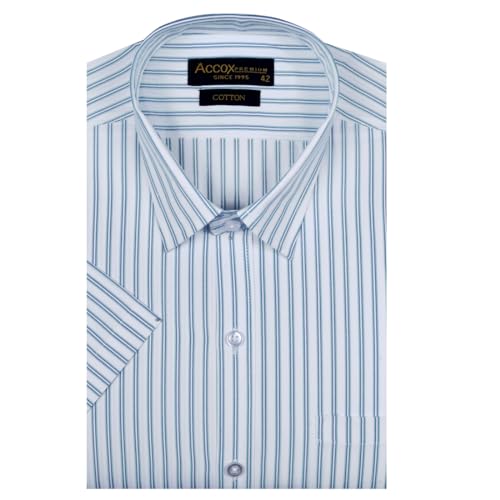 Image of ACCOX Premium Breathable Cotton Half Sleeves Striped Checkered Blue White Formal Regular Fit Shirt for Men (S GCR05)