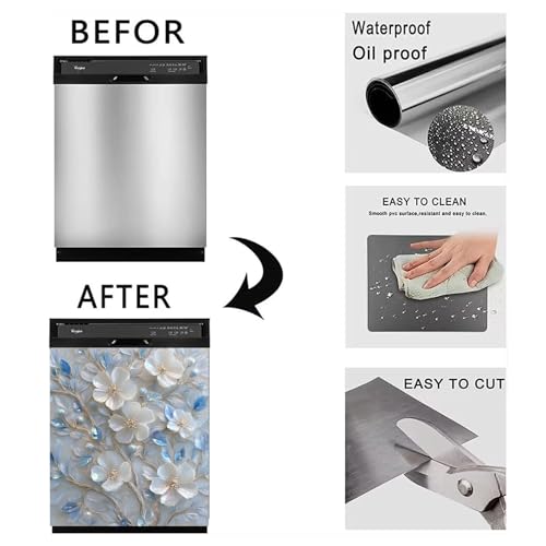 Image of BVBOX Dishwasher Magnet Cover 23 inchx26 inch, Reusable Magnetic Refrigerator Covers, Decorative Magnets Cover Fridge Door Skin Panel Stickers for Home Kitchen Appliance (Small White Flowers, 23 inchx26 inch)