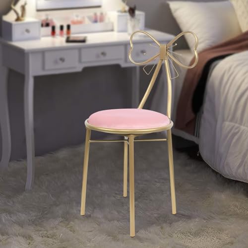 Image of Velvet Vanity Chairs, Metal Cute Butterfly Stool Chair Dresser Makeup Chairs Stool with Pink Velvet Cushion and Bow Knot Backrest for Girl Bedroom, Living Room (Light Pink)
