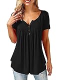 camisas casuales para mujer 【CUELLO EN V Y BOTONES PARA ARRIBA】 Diseño especial de cuello en V con botones de un solo botón. Frente abotonado, pliegue delantero, dobladillo relajado, blusa tipo túnica de manga corta, resistente a las arrugas, cómoda y holgada.