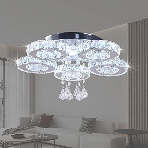 FRIXCHUR Crystal Chandelier LED Ceiling Light 5 Rings Modern Chandelier Light Fitting for Living Room Bedroom Kitchen(Cool White)