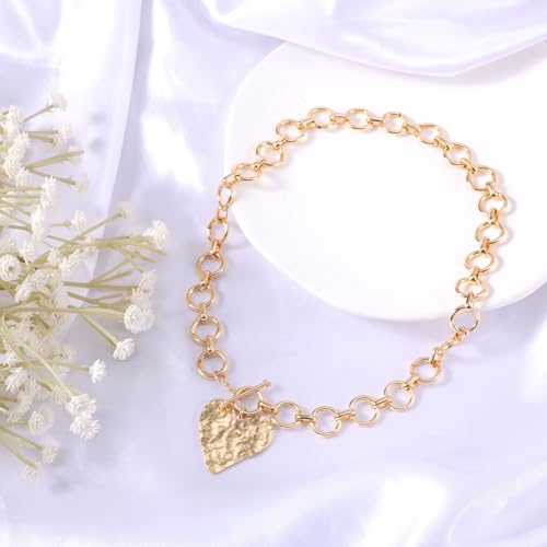 Chunky Gold Pendant Necklaces for Women, Large Statement Hammered Heart Pendant Necklace Vintage Chunky Gold Chain Necklace for Women Trendy Jewelry Gift4
