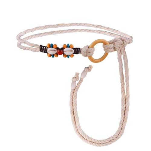 Boho Beads Rope Belt with Shell Seashell Double Rope Chain Waist Belt for Women Bohemian Tassel Braided Macrame Belts for Dresses Summer Festival Beach Accessories Decoration